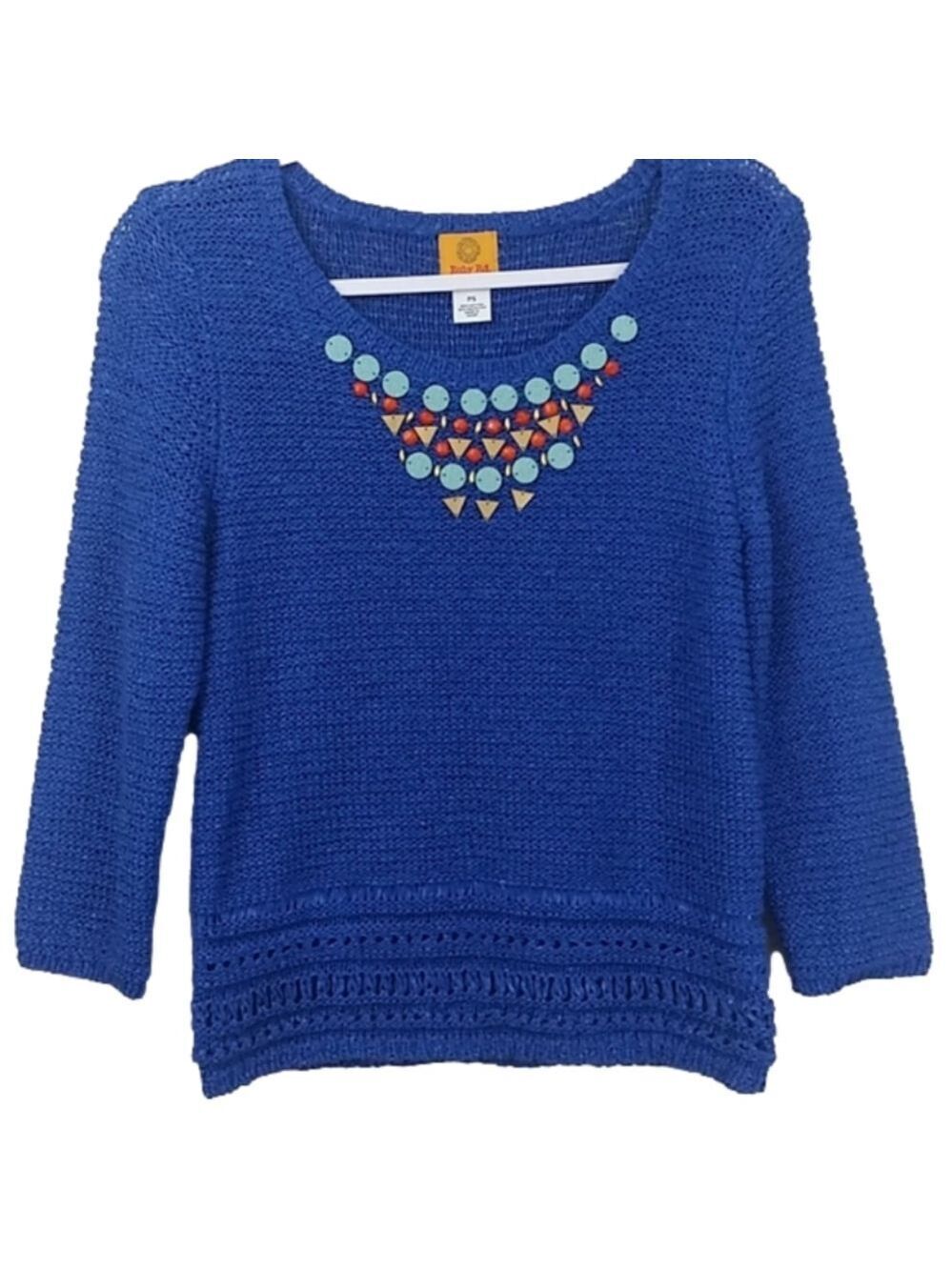 RUBY Rd. Petite Blue Beaded Embellished Scoop Neck Long Sleeve Knit Sweater